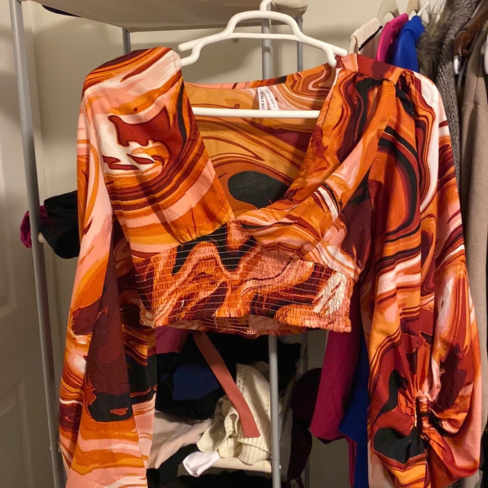 Orange Marbel Long Sleeve Crop Top